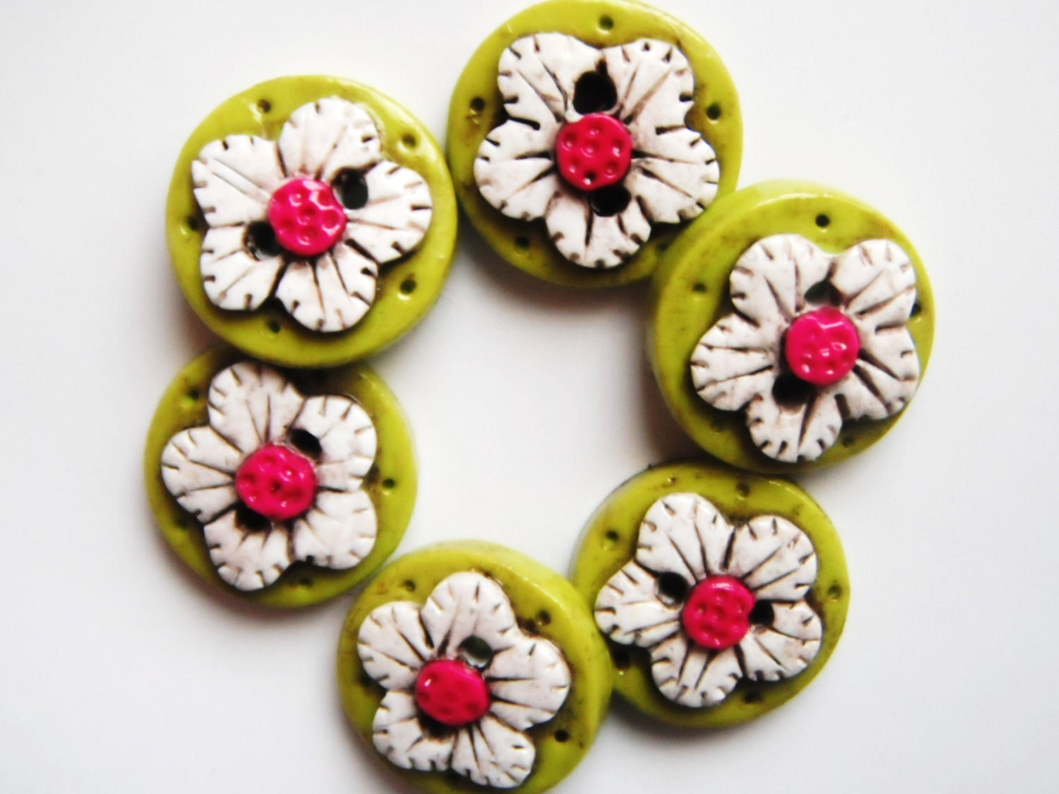 Button Antiqued Flower Polymer Clay Handmade Buttons 6 Etsy