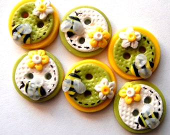 Button Bitsy Bees handmade polymer clay buttons ( 6 )