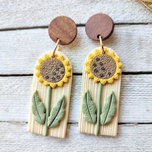 Earrings sunflower polymer clay handmade boho pierced dangle stud wood earrings image 5
