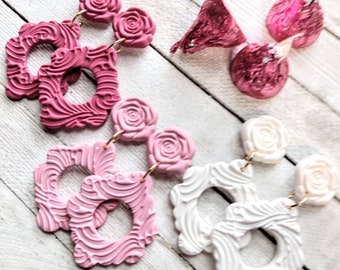 Romance earrings dangle pierced polymer clay handmade Valentine blush pink