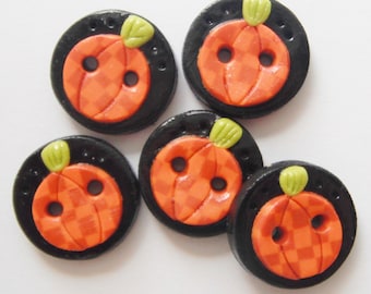 Button Checkered Pumpkins handmade polymer clay buttons ( 5 )