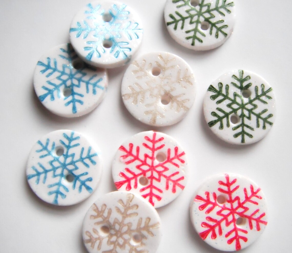 Button White Glitter Snowflake Handmade Polymer Clay Buttons Etsy