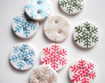 Button White Glitter Snowflake handmade polymer clay buttons ( 8 )