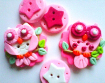 Button Pink Owls polymer clay handmade button set  ( 5 )
