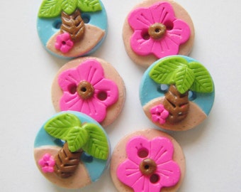 Button Tiny Palm and Flower handmade polymer clay buttons ( 6 )