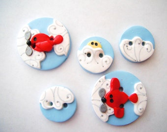 Button Airplanes and Clouds hand made polymer clay buttons ( 5 )