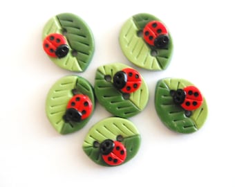 Button Summer Leaves with Ladybugs handmade polymer clay buttons ( 6 )