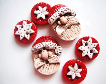 Button Rustic Primitive Folkart Santas handmade polymer clay buttons ( 6 )