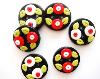 Button Black with Little Buds handmade polymer clay buttons ( 6 )