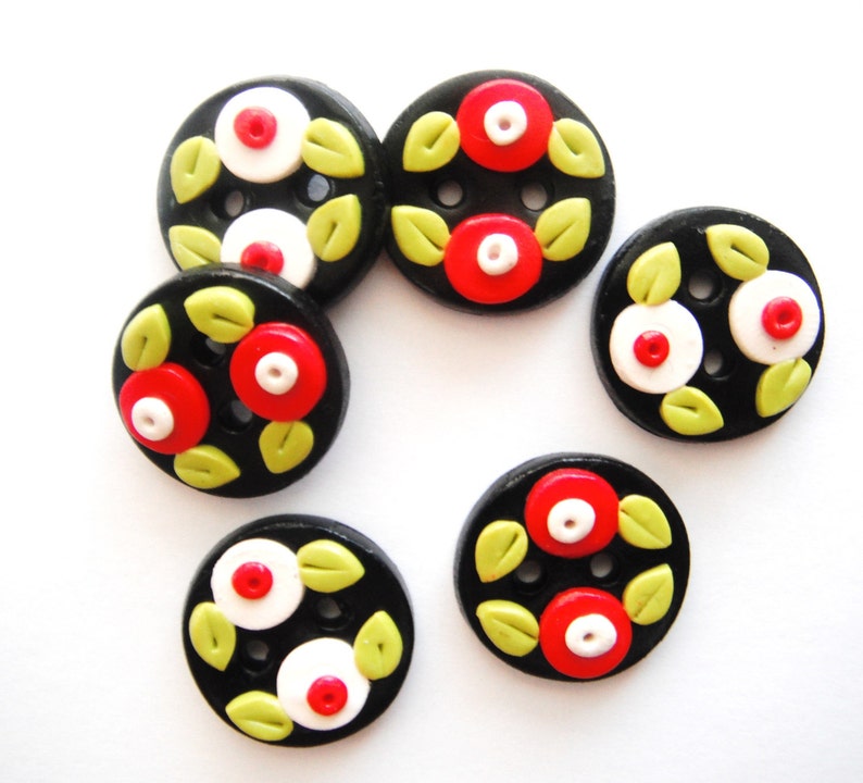 Button Black with Little Buds handmade polymer clay buttons 6 image 1