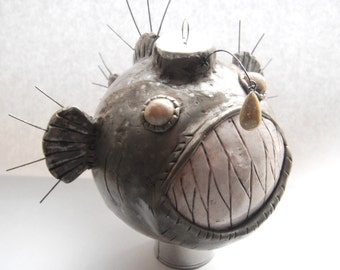 Ornament Angler Fish glass covered handmade polymer clay christmas ornament