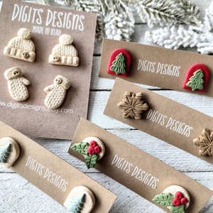 Earrings studs packs polymer clay handmade winter cap mittens snowflakes pine trees Christmas holiday
