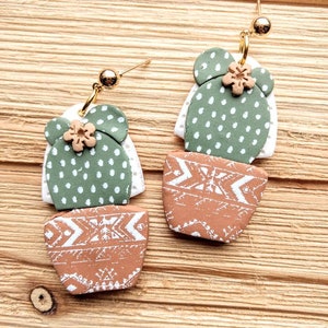 Earrings cactus terra cotta pots handmade boho hippie polymer clay pierced image 2