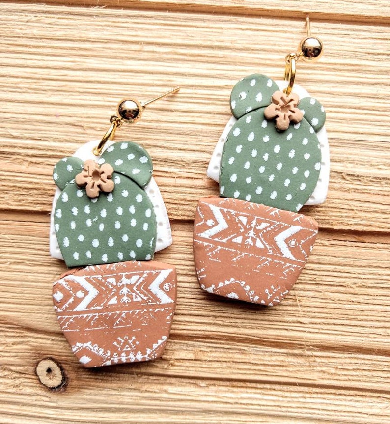 Earrings cactus terra cotta pots handmade boho hippie polymer clay pierced image 2