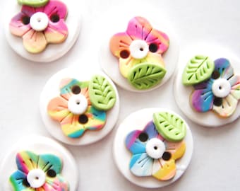 Button Rainbow Wild Flowers handmade polymer clay buttons ( 6 )