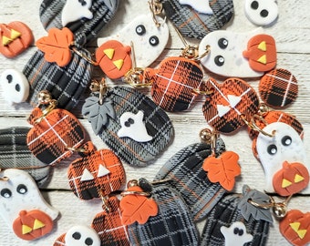 Earrings Halloween Plaid ghost pumpkin skull pierced handmade polymer clay