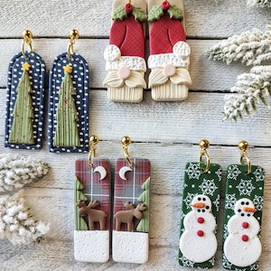 Christmas earrings polymer clay pierced Santa snowman moose tree