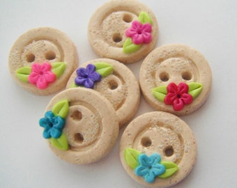 Button Sandy Beach and Flowers handmade polymer clay buttons ( 6 )