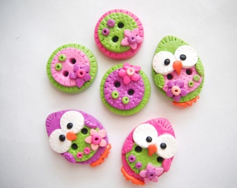 Button Patchwork Baby Birds handmade polymer clay buttons ( 6 )