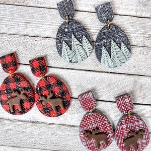 Earrings Cozy Cabin polymer clay dangle pierced handmade plaid Christmas pine trees snowflakes holiday moose