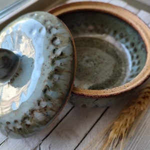 Handmade ceramic jar with lid trinket jewelry sugar food safe speckled buff clay stone denim blue glaze image 3