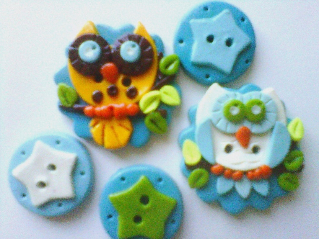 Polyclay Button Button Fun Owls Polymer Clay Button Set ( 5 ) - Etsy