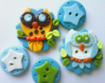 Button Fun Owls polymer clay button set    ( 5 )