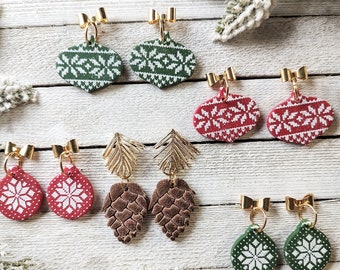 Earrings Christmas ornaments pinecone gold frosted pierced boho holiday polymer clay handmade