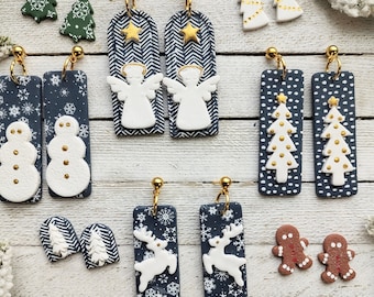 Earrings polymer clay Christmas Holiday blue and white gold handmade boho pierced dangle