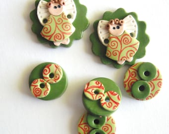 Button Christmas Country Angel with Stamping handmade polymer clay buttons ( 6 )