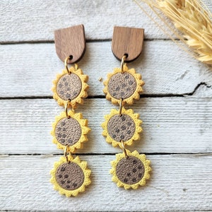 Earrings sunflower polymer clay handmade boho pierced dangle stud wood earrings image 4