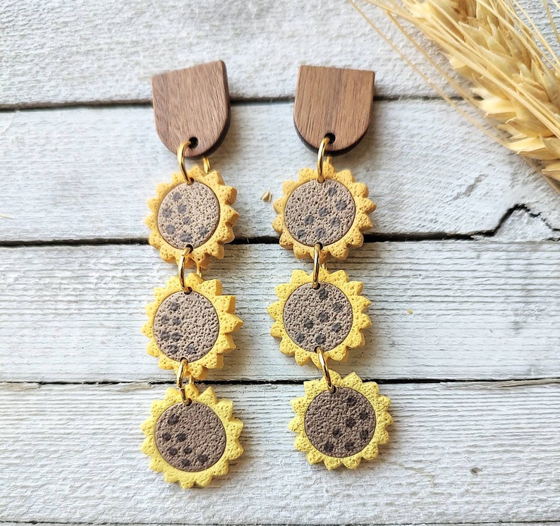 Earrings sunflower polymer clay handmade boho pierced dangle stud wood earrings image 4