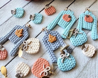 Earrings polymer clay Halloween pumpkin sweater knit fall autumn dangle stud handmade nickel free boho