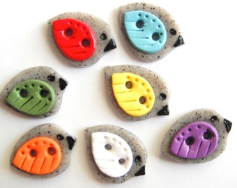 Button Colorful Winged Granite Birds handmade polymer clay buttons ( 6 )