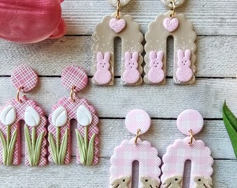 Easter arch polymer clay earrings pierced bunny tulip handmade boho