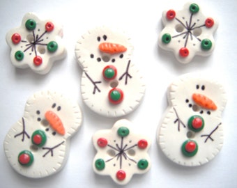 Button Snowman and Flakes polymer clay buttons ( 6 )