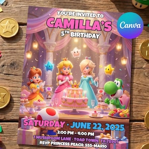 Pode incluir: Convite de aniversário colorido com personagens de videojogos. O texto diz: "Estás convidado/a para o 5º aniversário da Camilla". A data, hora e local da festa também são indicados.