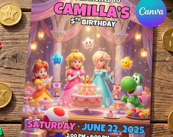 Princess Peach Rosalina Birthday Invitation, Editable Canva Template (Digital Download)