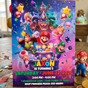 May include: A colorful birthday party invitation featuring Mario and other characters. The invitation includes the text "Jaxon is turning 5" and event details. A Mario figurine and gold coins are also visible.