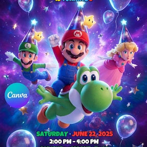 以下が含まれることがあります： マリオ、ルイージ、ピーチ姫、ヨッシーが登場する、鮮やかな誕生日の招待状。「Jaxon is turning 5」の文字と、イベントの詳細：2025年6月22日（土）14:00～16:00、1 Mushroom Lane, Toad, Town, TX 78901。RSVP プリンセスピーチ：555-マリオ。