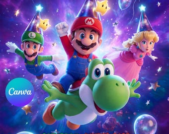 Verjaardagsuitnodiging Super Mario Galaxy, bewerkbare canvassjabloon, digitale uitnodiging direct downloaden