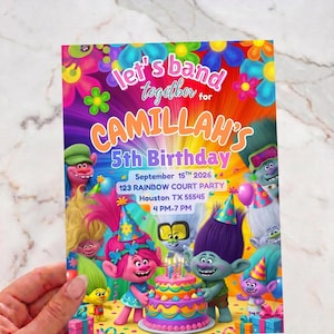 トロールズの誕生日招待状、編集可能なCanvaテンプレート、子供向けパーティー招待状（デジタルダウンロード）