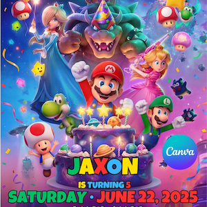 Puede incluir: Una vibrante invitación de cumpleaños con Mario, Luigi, la Princesa Peach y otros personajes de la franquicia Super Mario. La invitación incluye el nombre "Jaxon", la fecha, la hora y el lugar de la fiesta.