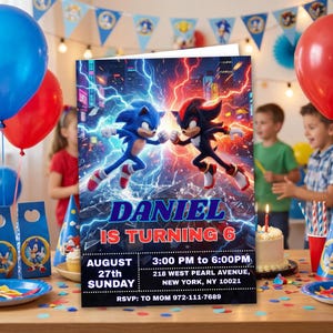 May include: A birthday party invitation featuring Sonic the Hedgehog and Shadow. The invitation includes the text "DANIEL IS TURNING 6" with event details: August 27th, Sunday, 3:00 PM to 6:00PM, and the address in New York.