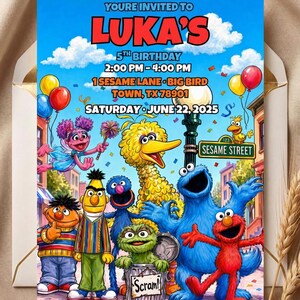 May include: A colorful birthday invitation featuring Sesame Street characters. The invitation reads "Luka's 5th Birthday" with event details. The design includes Big Bird, Cookie Monster, Elmo, and other characters against a blue sky background.