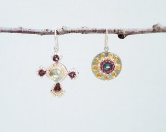 Asymmetrical Citrine and Garnet Earrings