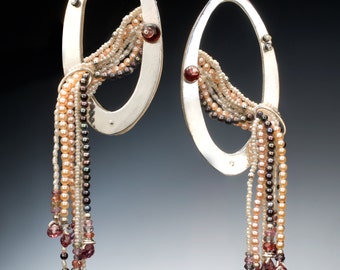 Freshwater Pearl and Garnet Waterfall Earrings