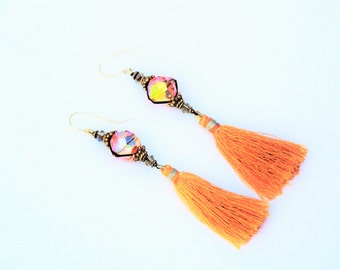 Pink Crystal Bead Earring with Orange Tassel