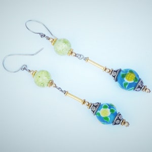 Yellow and Blue Vintage Bead Earrings image 1