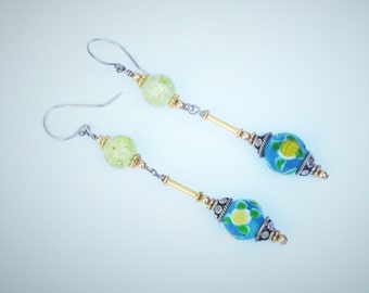 Yellow and Blue Vintage Bead Earrings